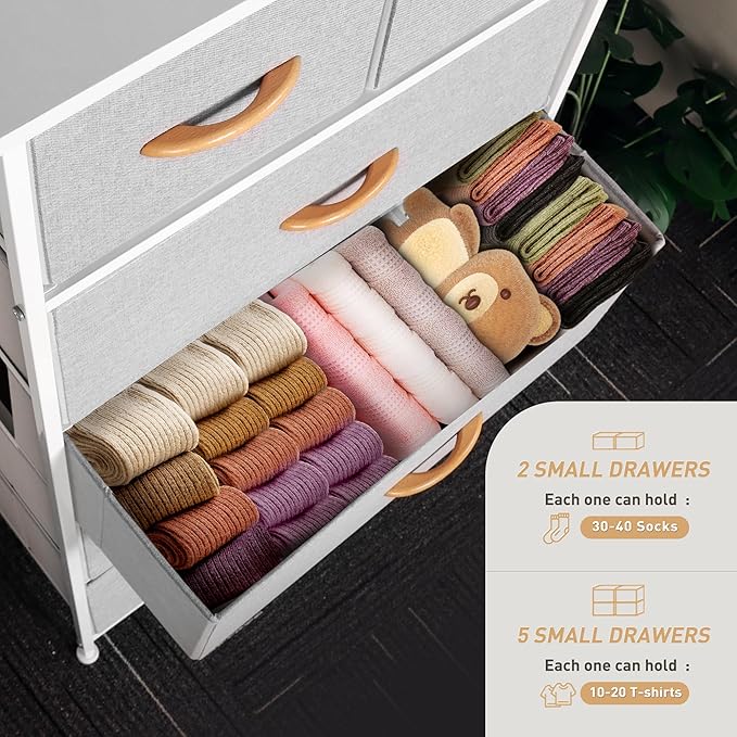 Tall Dresser for Bedroom, Vertical Storage Organizer Tower with 7 Drawers, Chest of Drawers with Fabric Bins, Steel Frame, Wood Top for Bedroom, Closet, Entryway- Light Grey