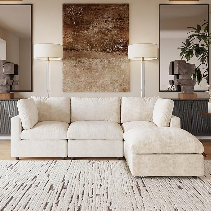 JACH L Shape Sectional Couches for Living Room, Deep Seat Convertible Modular Sofa, Cloud Sectional Couch, Sofa Covers Washable, Minimalist Modern Couch for Living Room, Apartment, Beige