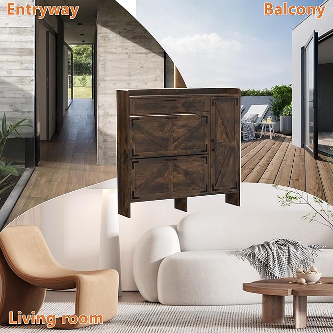 Shoe Cabinet with 2 Flip Drawers, Shoe Storage Cabinet for Entryway, Shoe Rack with Adjustable Side Cabinet, Freestanding Hidden Shoe Cabinet Organizer with Storage Drawers, Rustic Brown, L