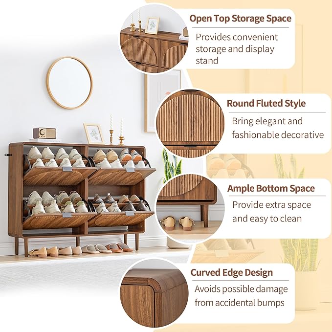 Shoe Storage Cabinet for Entryway, Narrow Shoe Organizer Cabinet, 4 Flip-Down Drawers, Round Fluted Panel, Hidden Wood Slim Shoe Rack for Foyer, Hallway (Walnut)