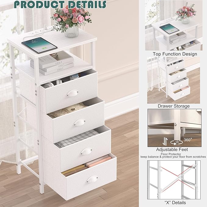 Nightstand with Charging Station,LED White Nightstand with 4 Fabric Drawers PU Finish, Bedside End Tables, 2-Tier Open Storage Shelf Side Table Nightstand with Drawers for Bedroom,White