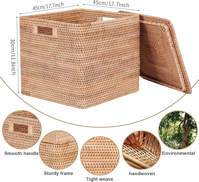Rattan Basket With Lid, Large Lidded Basket For Storage(17.72" L×17.72" W×11.81" H)
