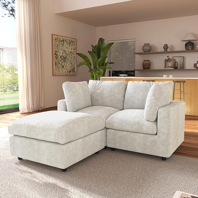 JACH 67" Love Seat Sectional Couches with Chaise Ottoman, Modern Convertible Modular Sofa, Cloud Sectional Couch, Sofa Covers Washable, Minimalist Couch for Living Room, Bedroom, Apartment, Beige