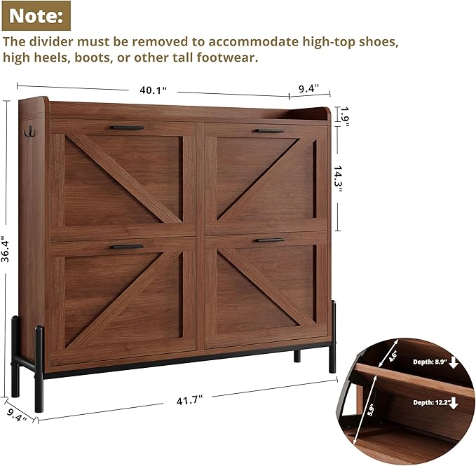 IRONCK Farmhouse Shoe Storage Cabinet with 4 Flip Drawers, Freestanding Shoe Organizer with Adjustable Shelf for Entryway, Narrow Shoe Rack Cabinet for Hallway, Living Room, Walnut