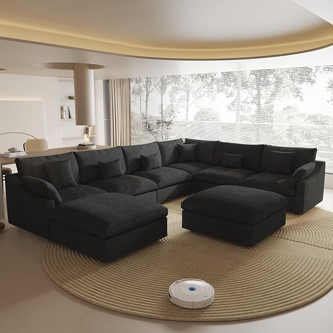 Cloud Couch Modular Sectional Sofa,160" U Shaped Couch, Convertible Wide Seater with Ottoman, 8 Seater for Living Room Set,Covers Washable&Replaceable,Black