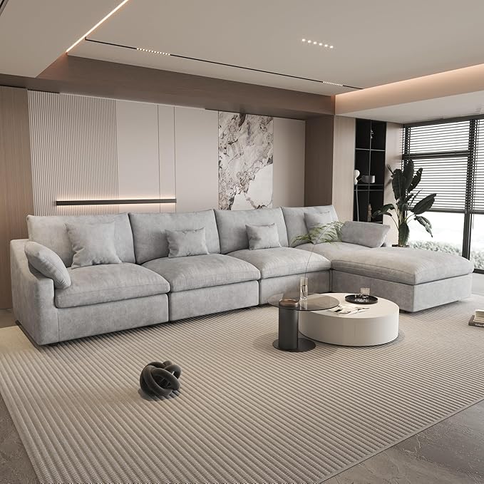 156" Cloud Couch Modular Sectional Sofa with Ottoman,L Shaped Down Filled Couch,Convertible Sofa,Cover Washable and Replaceable Couches for Living Room,Gray