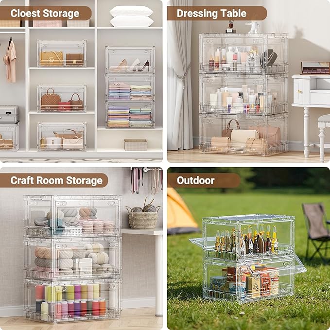 Clear Stackable Storage Bins Drawers, Open Front Large Plastic Storage Bins with Lids, Foldable Closet Organizers and Storage for Wardrobe Cabinets, Pantry, Makeup,2 Pack