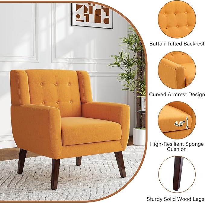 Accent Chair, Modern Fabric Armchair for Living Room, Comfy Upholstered Arm Chair Tufted for Indoor Bedroom Office Room (Orange)