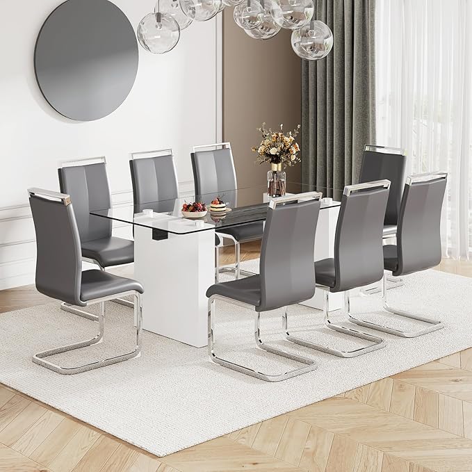 FURNITO Glass Dining Table Set for 8,Modern Dining Table Set,71 in White Dining Table with 8 PU Leather Dining Chairs for Kitchen Dining Room(Glass Dining Table + 8 PU Leather Chairs)
