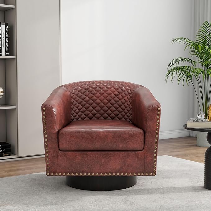 Swivel Barrel Accent Chair, Comfy Modern Upholstered Round Faux Leather Arm Chair for Living Room