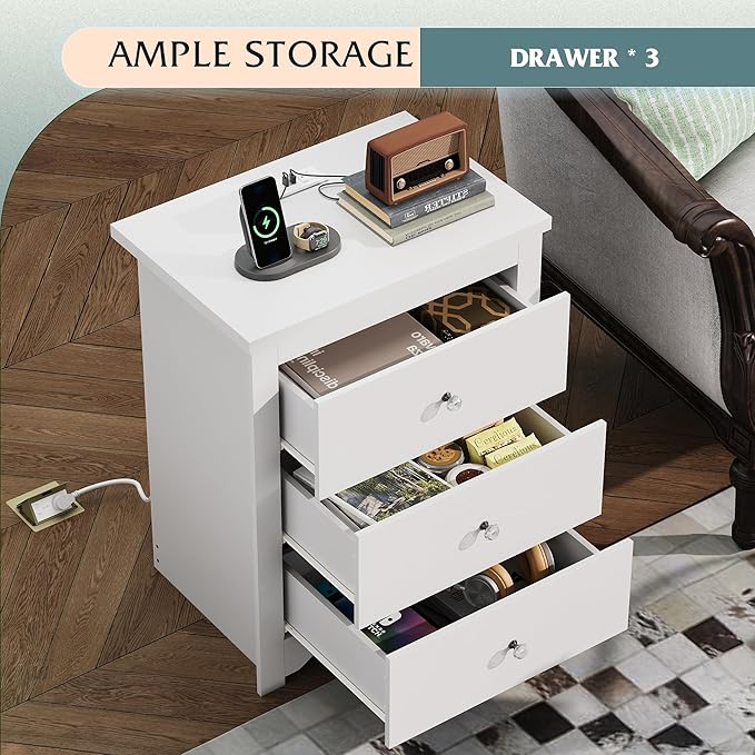 WLIVE Tall Nightstand with Charging Station, Wood Nightstand with 3 Drawers, White Side Tables Bedroom, Dorm, End Table with 2 USB Ports and 2 AC Outlets, Bedside Table