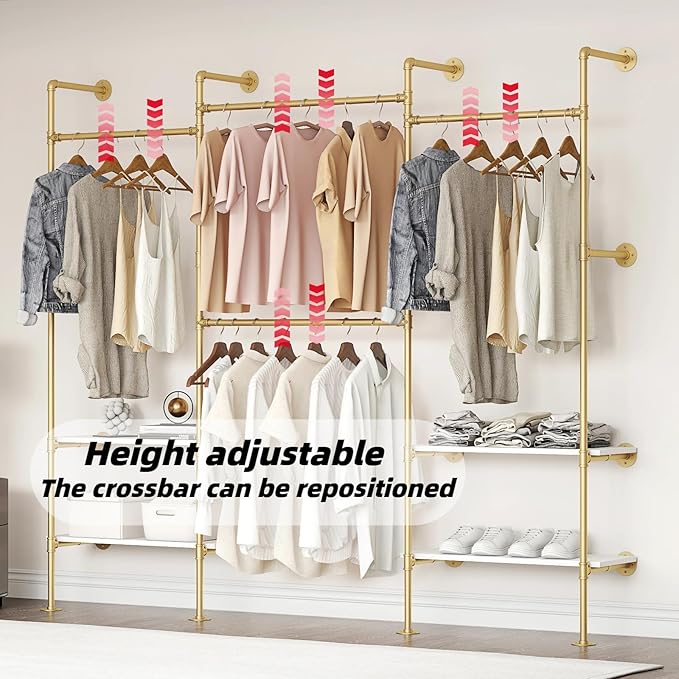 Industrial Pipe Clothing Rack, Wall Mounted Clothes Rack for Hanging Clothes, Retail Display Rack with Shelves, Add Corner installation Method (Gold, III-2Tier)
