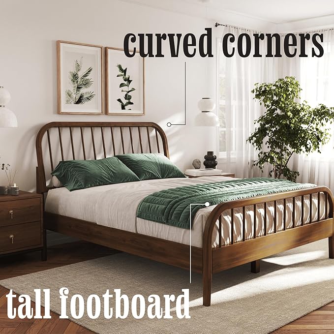 DG Casa Wesley Solid Wood Queen Size Bed Frame - Mid Century Modern Style, Platform with Spindle Headboard and Footboard, No Box Spring Required, Walnut Finish