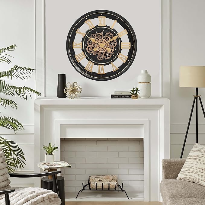 CLXEAST 24 Inch Wall Clock with Moving Gears, Large Roman Numeral Gear Clock for Living Room Decor,Modern Black& Gold Finish,House Warming Gifts New Home