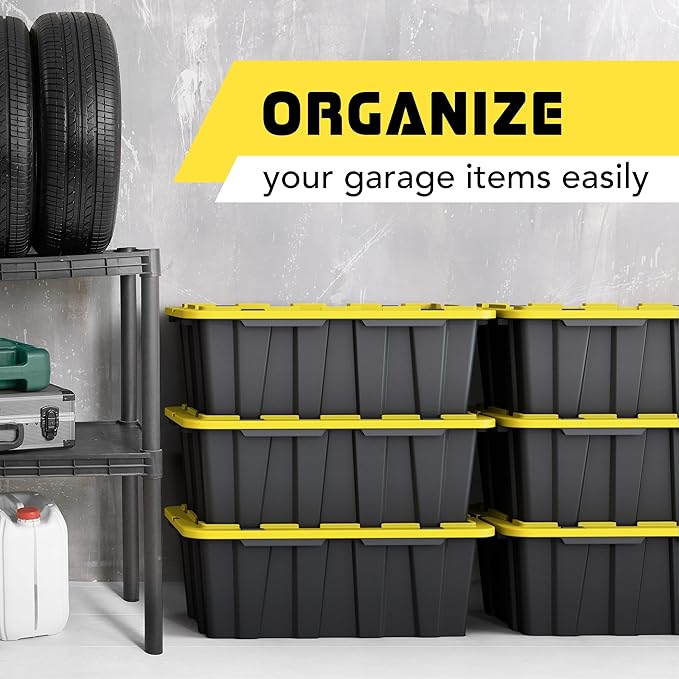 8 PACK of Medium 12 Gallon Plastic Storage Bin Tote Organizing Container with Ultra Durable Secure Latching Lids, Stackable, Extra Strength Clear with Built in Handle - Black and Yellow