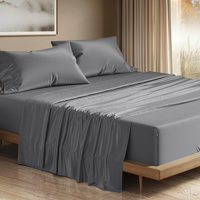 THREAD SPREAD 100% Egyptian Cotton Sheets Queen Size - 1200 Thread Count 4 PC Queen Sheet Set Egyptian Cotton, Sateen Luxury Sheets Queen Size, High Thread Count Sheets, 17" Deep Pocket - Dark Grey