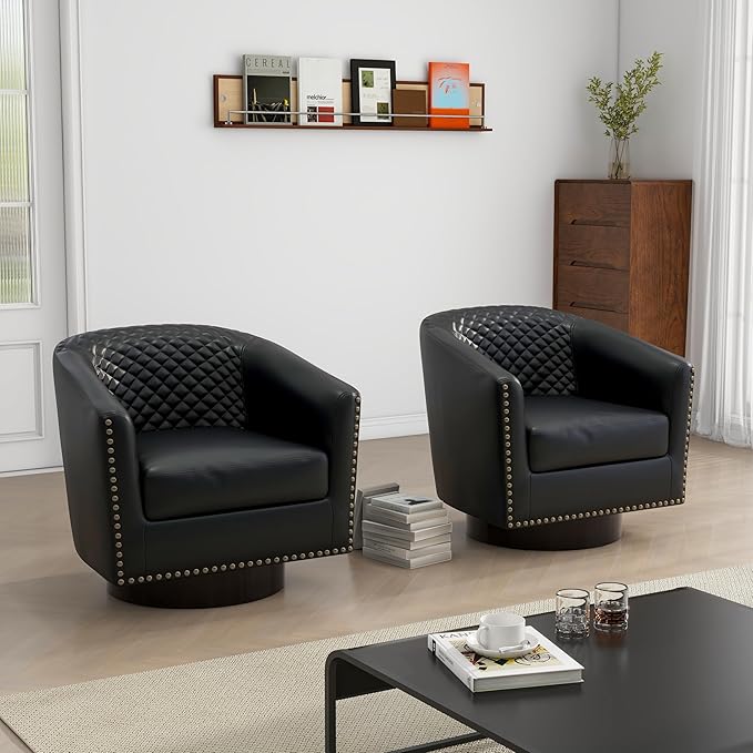 Swivel Barrel Accent Chair, Comfy Modern Upholstered Round Faux Leather Arm Chair for Living Room, Bedroom（Black, Set of 2