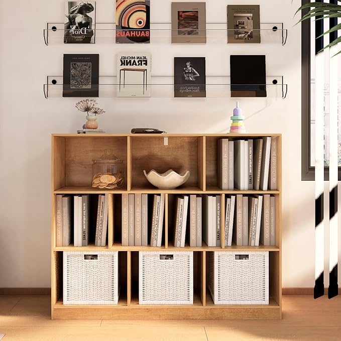 10-Cube Wooden Bookshelf with Base,3-Tier Freestanding Open Storage Organizer,Multi-Functional Bookcase for Living Room,Bedroom,Study and Office (Oak, 10-Cube)