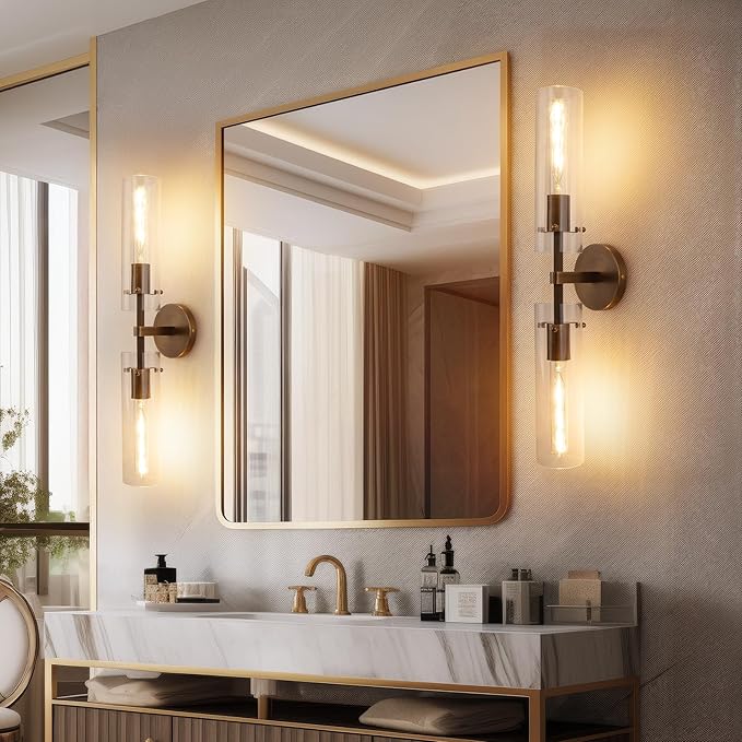 Brass Bronze 2-Light Knurled Wall Sconce, Dual-Head Vanity Lamp with Clear Glass Tube, Bathroom Wall Sconces, Wall Lights for Living Room Bedroom Hallway Kitchen Bathroom Mirror