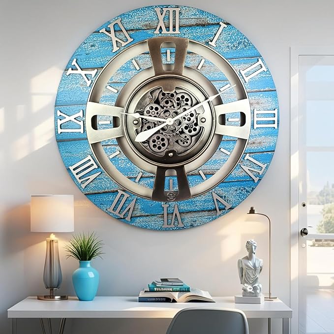 The Gears Clock Real Moving Gear Wall Clock England Line (Ocean Blue, 24 inches (60 cm))
