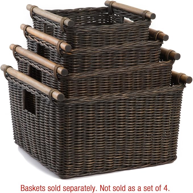 The Basket Lady Deep Pole Handle Wicker Storage Basket, Large, 15 in L x 15.5 in W x 9.5 in H, Antique Walnut Brown