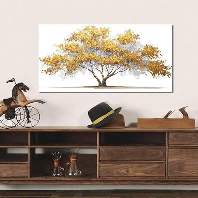 Tree Wall Art White Pictures Wall Decor Yellow Canvas Art for Living Room Bedroom Bathroom Office Large Modern Artwork 29"x 59"