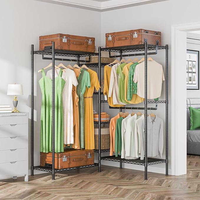 LEHOM G6M Heavy Duty Clothes Rack for Hanging Clothes, Portable Garment Rack Compact Size Closet Organizer, Freestanding Metal Clothing Rack Wardrobe Closet with Storage Shelves for Bedroom(Medium)