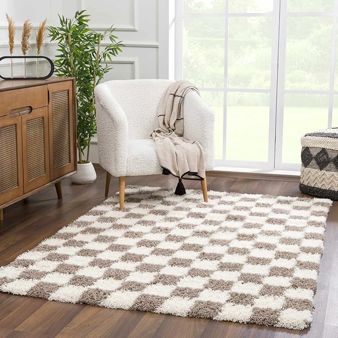 Hauteloom Atira Checkered Shag Runner Rug - Checkboard Design - High Pile Fluffy Shaggy Touch - Square Tiles - Kids Room, Hallway, Bedroom Shag - Brown, Cream, White - 2'7" x 7'3"