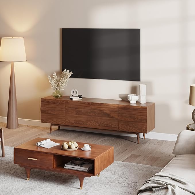 POVISON Wood Media Console, Mid Century TV Stand for 75+ Inch TV, Assembly-Free Living Room TV Cabinet, 70"