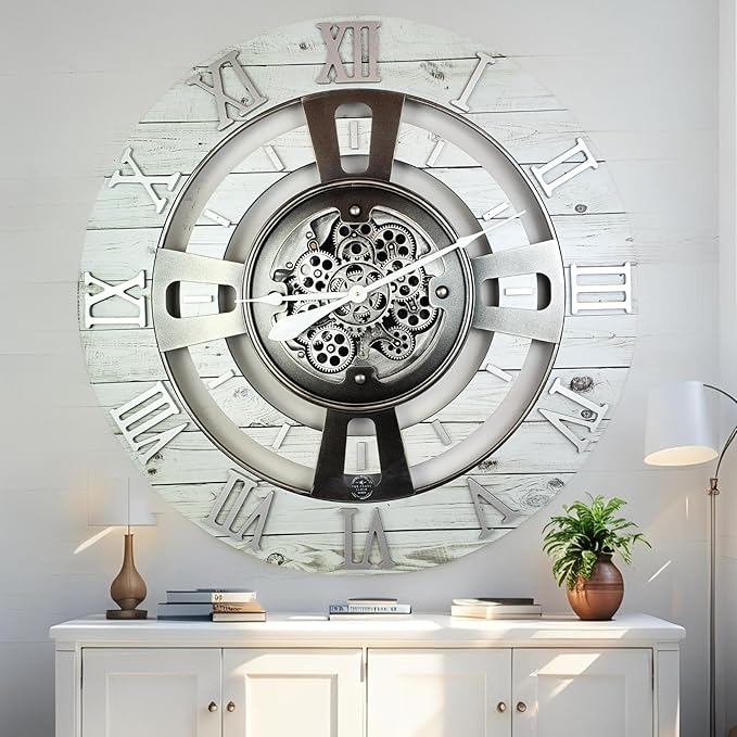 The Gears Clock Real Moving Gear Wall Clock England Line (White Farmhouse, 36 inches (90 cm))