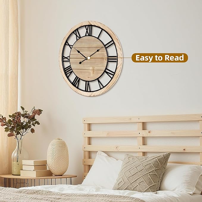 Maxstar 30'' Wall Clock for Living Room Decor, Silent Rustic Wooden Farmhouse Wall Clock with Metal & Real Wood Frame, Battery Operated, for Kitchen Bedroom Office, Roman Numerals