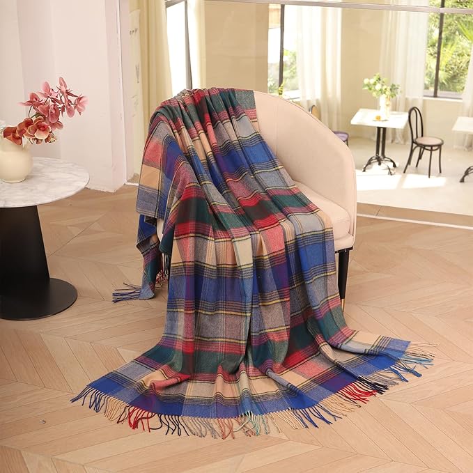 Blue Buffalo Plaid Throw Blanket for Couch,100% Wool Throw Blanket for Home Decor, Soft Lightweight Cozy All Season Decorative Vintage Blankets for Travel,Bed, Sofa, Chair, Outdoor 55"x83"/1.5LBS