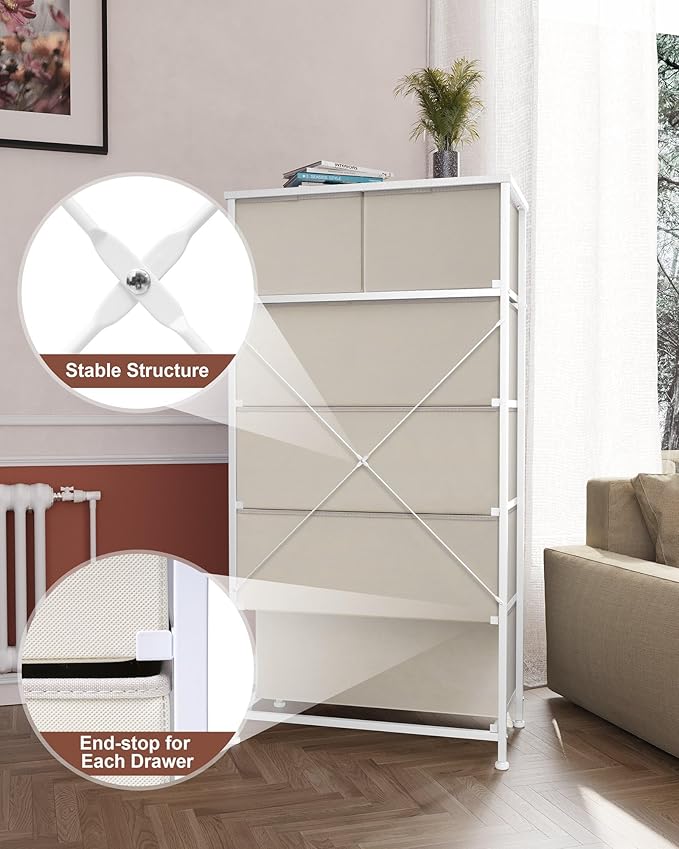 Crestlive Products Dresser for Bedroom Tall Skinny Dresser Storage Tower - Sturdy Steel Frame, Wood Top, Fabric Bins, Wood Handles - Organizer Unit for Entryway, Hallway, Closets - 6 Drawers (Beige)