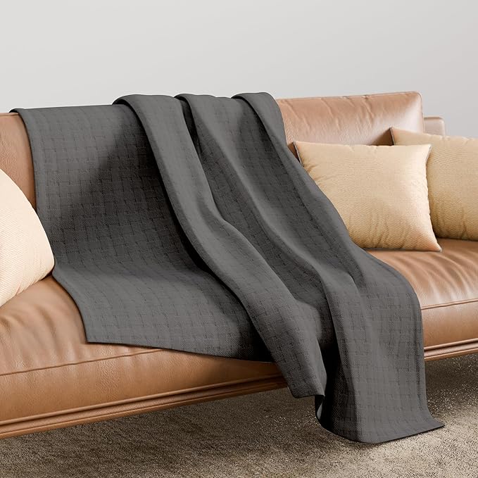King Dark Gray 100% Cotton | Lightweight | Breathable | Anti-Odor | Warm & Cozy | Perfect for Layering | Basket Weave Throw Blanket for Bed & Couch | Soft All-Season Bedding
