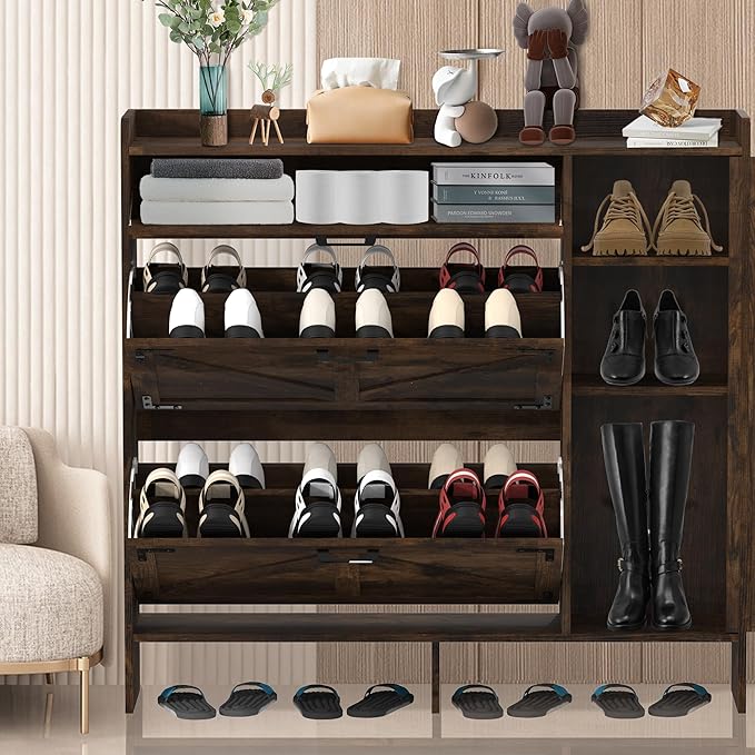 Shoe Cabinet with 2 Flip Drawers, Shoe Storage Cabinet for Entryway, Shoe Rack with Adjustable Side Cabinet, Freestanding Hidden Shoe Cabinet Organizer with Storage Drawers, Rustic Brown, L