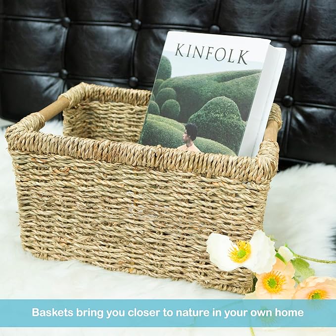 Natural Seagrass Basket with Wooden Handle, Medium Rectuangular Wicker Basket for Living Room 12.2 x 8.9 x 6.7 inches - 3 Pack