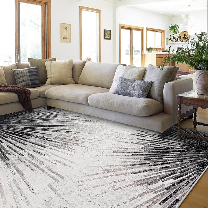 Lahome Modern Black 9x12 Rug for Living Room, Large Washable Area Rug Non-Slip Ultra-Thin Stain Resistant Rugs for Dining Room Table, Abstract Print Indoor Soft Rug for Bedroom Office (Black, 9'x12')