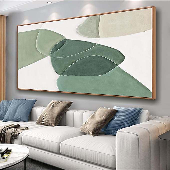 Modern Wall Art Large Geometric Green And White Geometric Color Block Line Art Painting Artwork Canvas Simple Picture Textured Artwork Framed For Living Room Bedroom Office Home Decor 29"X 58"