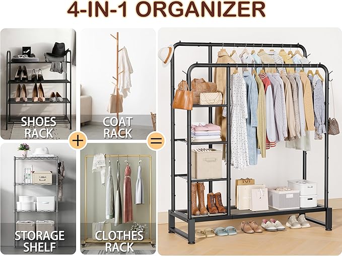 Double Rods Clothes Rack Clothing Rack with 4 Tier Storage Shelves Clothes Rack for Hanging Clothes Multifunctional Heavy Duty Clothes Organizer with Hooks for Bedroom,Wardrobe Closet,Shop,Black