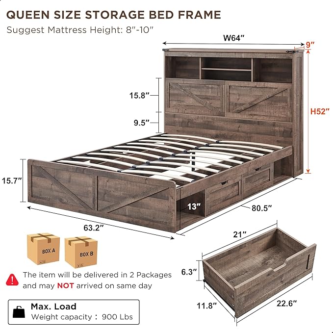 Farmhouse Queen Size Wood Bed Frame with 52" Tall Storage Headboard and 4 Drawers,LED Light,Charging Station,Solid Wood Slats Support,Noiseless,No Box Spring Needed,Light Brown