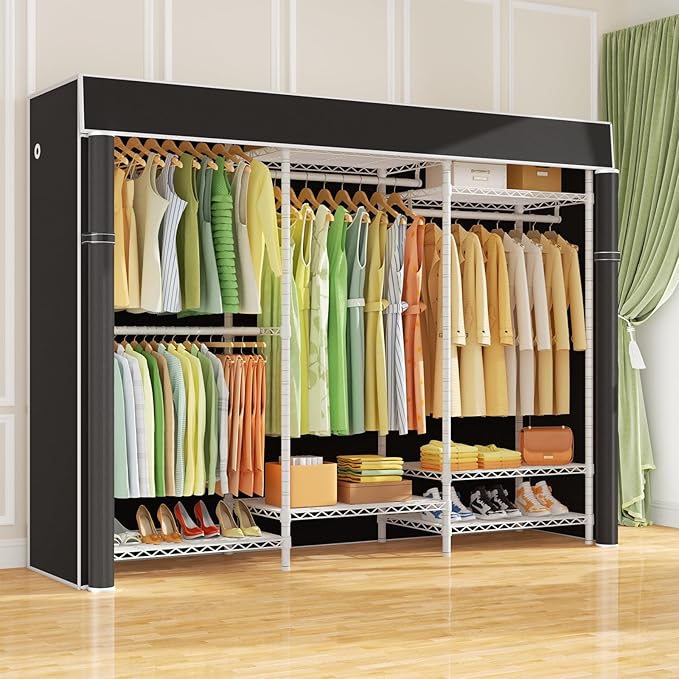 Ulif E13C Heavy Duty Closet Organizer System，Freestanding Clothing Racks for Hanging Clothes，Adjustable Garment Rack 63" W x 16" D x 77" H Hold 960 lbs，White Clothing Rack with Black Dustproof Cover