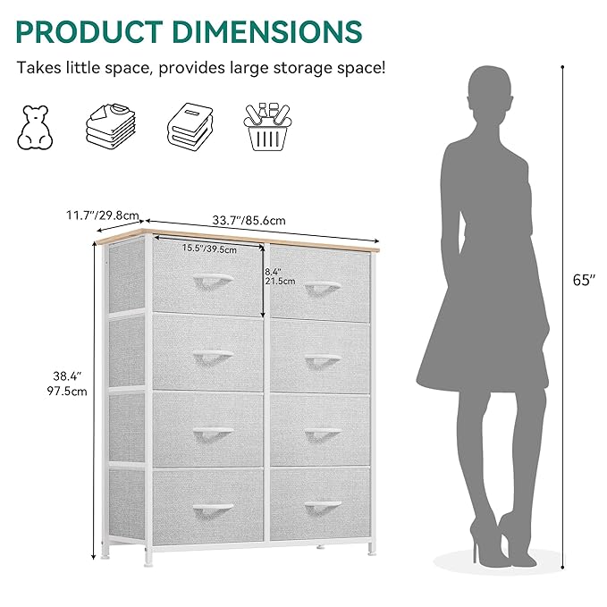 YITAHOME Dresser for Bedroom, Fabric 8 Drawers, Tall Dresser with Fabric Bins, Storage Tower Unit, Chest of Drawers for Living Room, Hallway, Closets