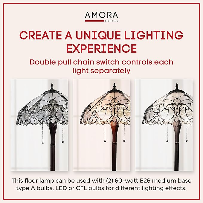 Amora Tiffany Style Floor Lamp - 62” Floral Mahogany Stained Glass Floor Lamp
