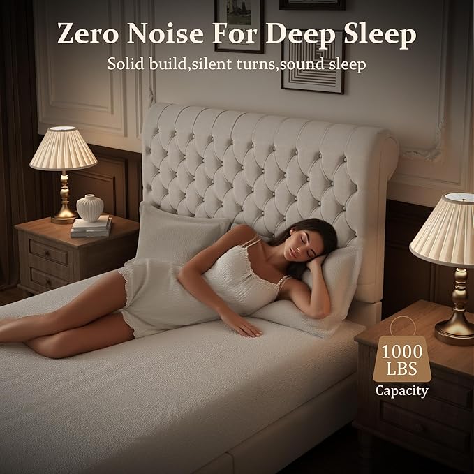 57.5" Tall Queen Size Upholstered Bed Frame with Rolled Headboard and Footboard, Plaform Bed Frame with Deep Button Tufting, Soft Chenille Fabric, Noise Free, No Spring Box Needed, Beige