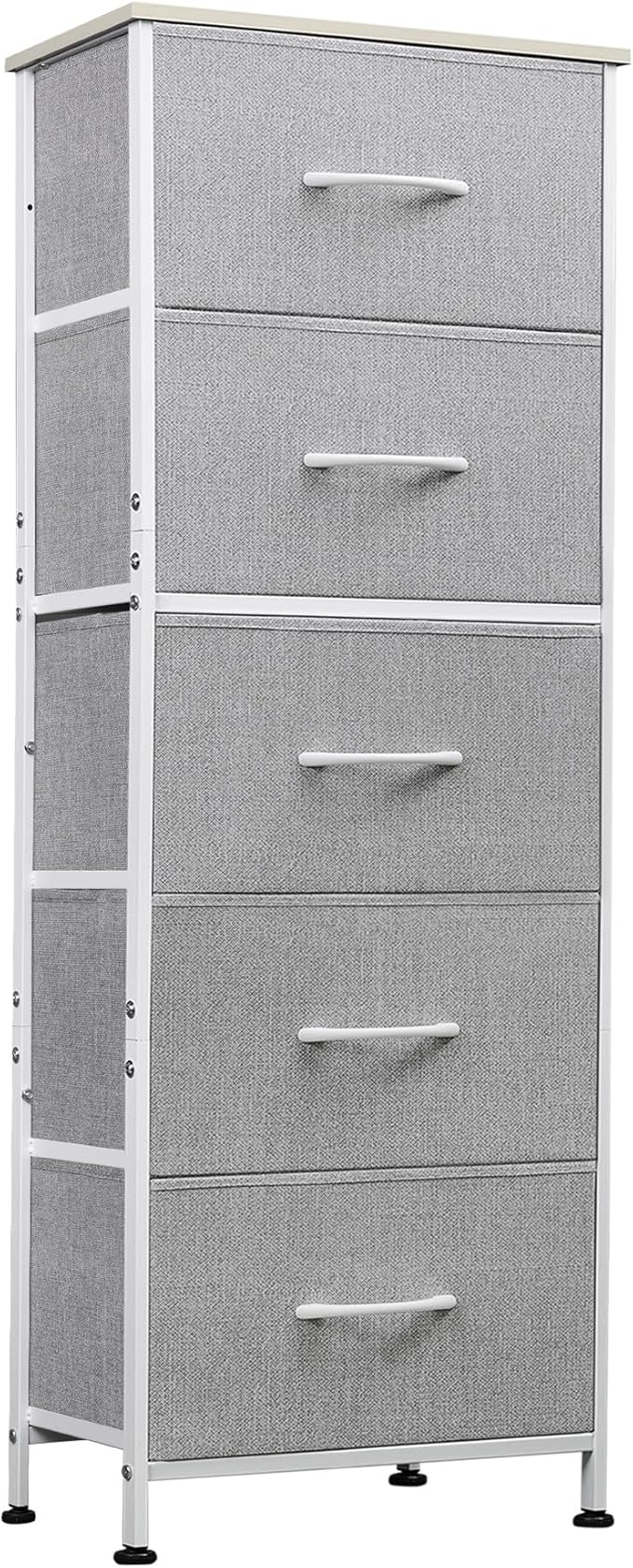 WLIVE Fabric Dresser, 5-Drawer Tall Dresser for Bedroom, Storage Dresser Organizer with Fabric Bins, Wood Top, Sturdy Steel Frame, Chest of Drawers for Closet, Hallway, Light Grey