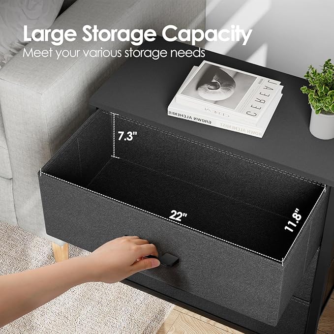Nightstand with 3 Drawers for Bedroom, Storage Dresser with Fabric Drawers and Metal Frame for Closet, Living Room, Bedside Table with Wood Top, Easy Pull Handle, Black