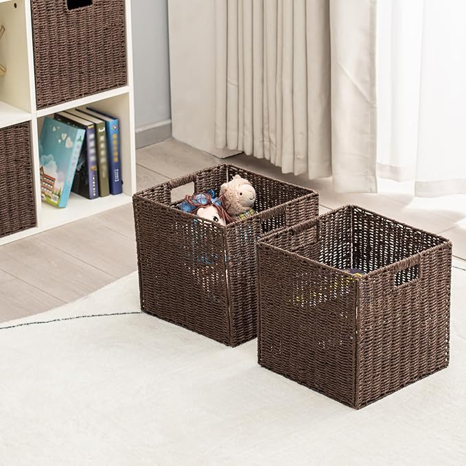 Handwoven Paper Woven Cube Basket Organizer with Handles set of 4 Foldable Storage baskets for Bedroom Living Room Cubby Storage Units for Clothes Books Toys (Brown, 13" L x 13" W x 13" H)