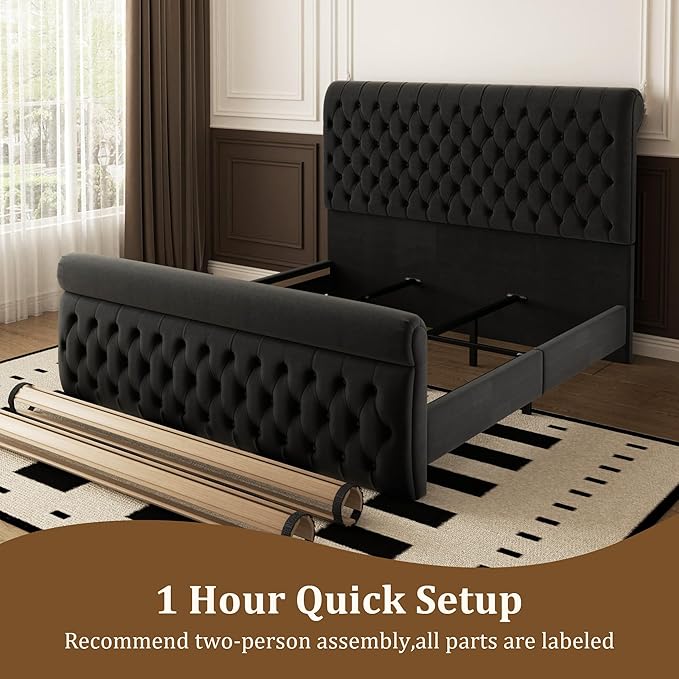 57.5" Tall King Size Upholstered Bed Frame with Rolled Headboard and Footboard, Plaform Bed Frame with Deep Button Tufting, Soft Chenille Fabric, Noise Free, No Spring Box Needed, Black