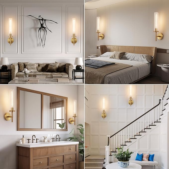 19.5" Knurled Brass Wall Sconces Set of 2, Gold Bathroom Vanity Light Fixtures with Clear Glass Tube, Modern Lamp Lighting for Bedroom, Living Room, Hallway, Staircase, Mirror, Kitchen