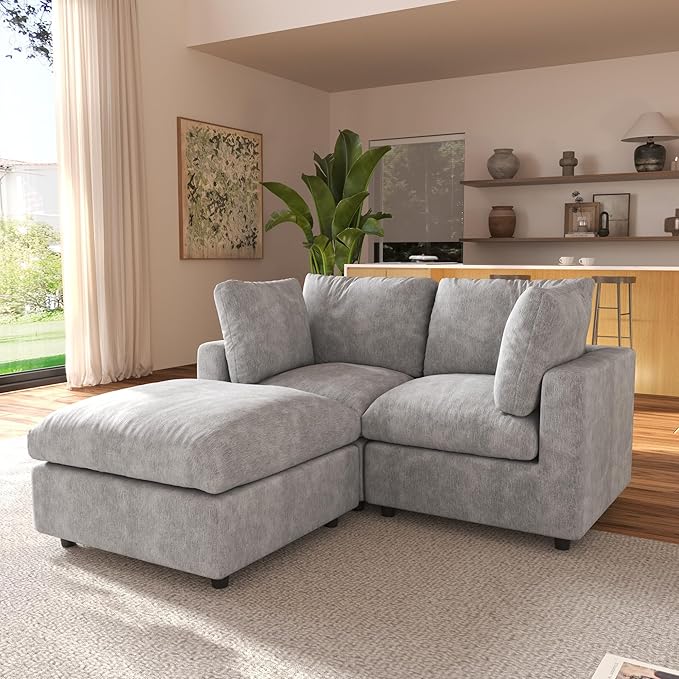 JACH 67" Love Seat Sectional Couches with Chaise Ottoman, Modern Convertible Modular Sofa, Cloud Sectional Couch, Sofa Covers Washable, Minimalist Couch for Living Room, Bedroom, Apartment, Light Grey